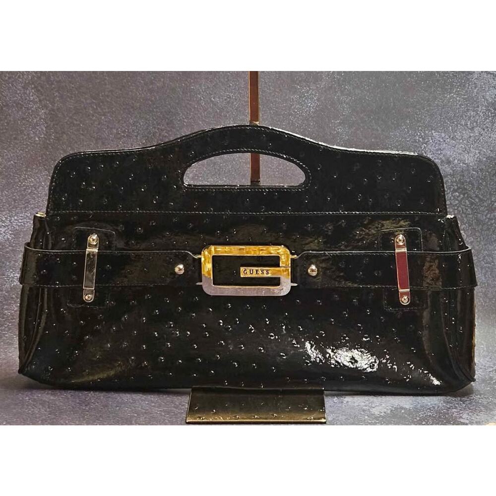 Guess Black Patent Faux Ostrich Satchel – Glossy Statement Style